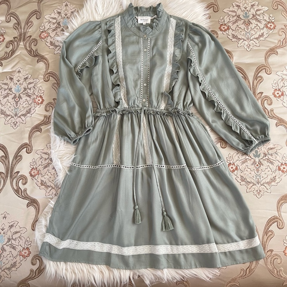 Böhme Women’s Ruffle Two Tone Lace Trim Green Sage Dress NWT Size M